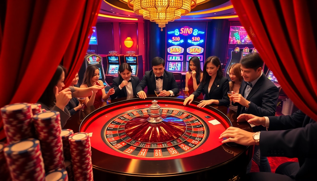 SIN88 players engaging in a thrilling casino experience with roulette and poker chips.