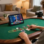 KJC player engaging in live dealer blackjack on a tablet in a cozy home setting.