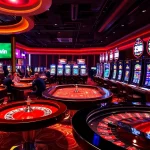 33win enthusiasts enjoying an exciting casino experience with poker tables, roulette wheels, and vibrant slot machines.