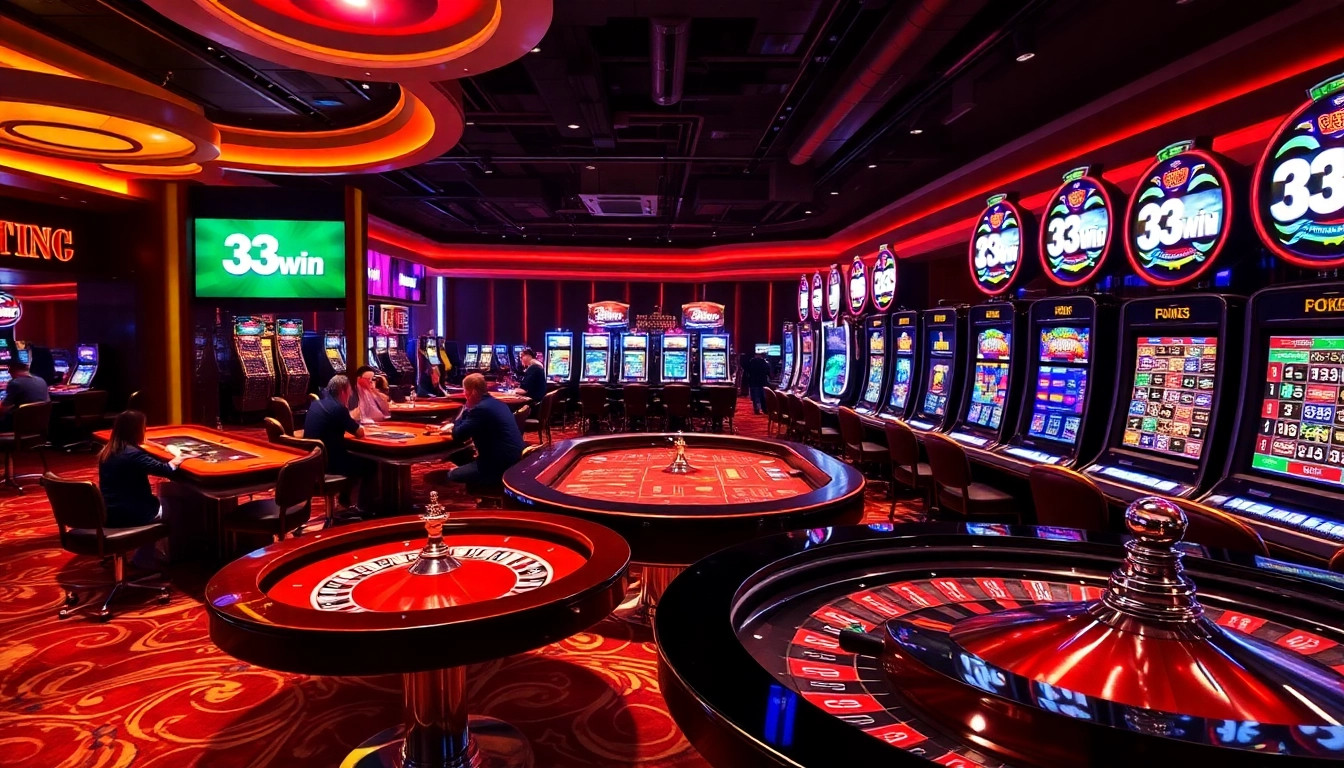 33win enthusiasts enjoying an exciting casino experience with poker tables, roulette wheels, and vibrant slot machines.