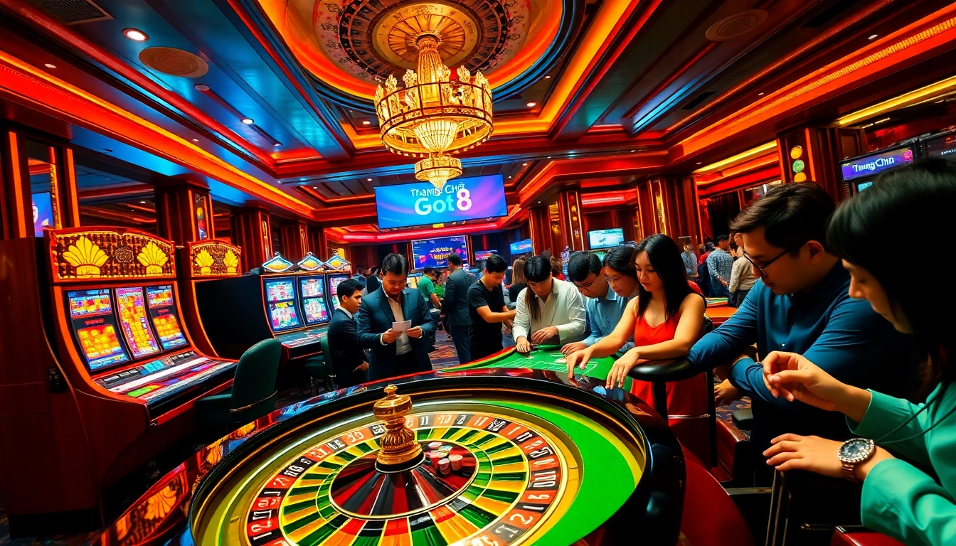 Experience the vibrant energy of Trang Chủ Go8 with excited gamblers at a roulette table.