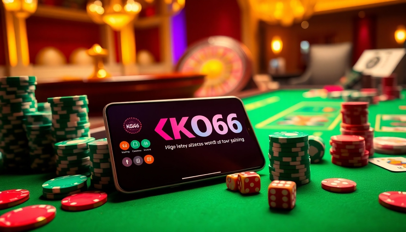Chơi poker thú vị tại KO66 với những chip sặc sỡ và không gian casino làm tăng trải nghiệm