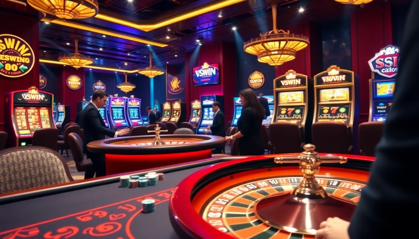 Experience intense gameplay with VSWIN at a vibrant casino table filled with chips and cards.