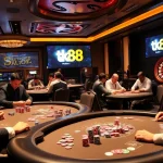tk88 players enjoy a thrilling game at a vibrant casino table with poker chips.