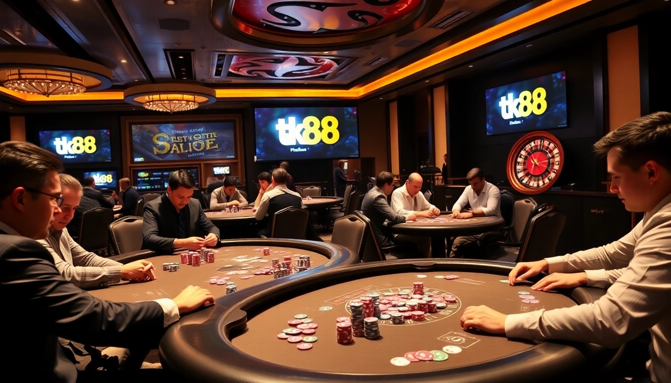 tk88 players enjoy a thrilling game at a vibrant casino table with poker chips.