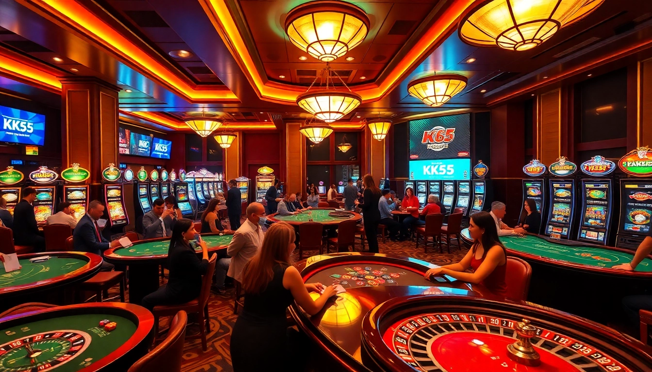KK55 players engaging at a vibrant casino table, capturing the essence of high-stakes excitement.