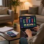 Player engaging with BL555 online casino interface in a stylish home gaming setup