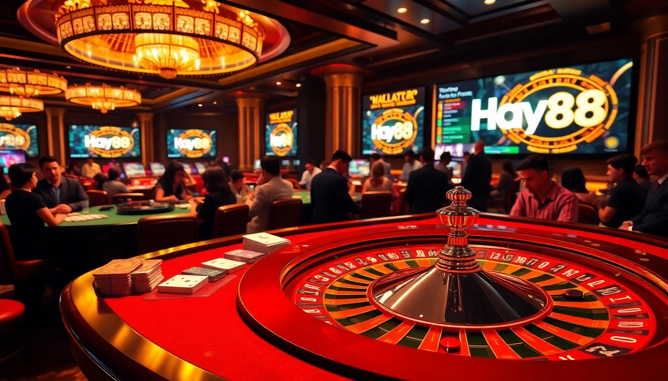 Gamblers enjoying a vibrant casino experience at Hay88 with colorful chips and cards.