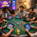 Exciting Onbet Casino gaming experience with friends engaged in baccarat online, showcasing vibrant digital platform atmosphere.