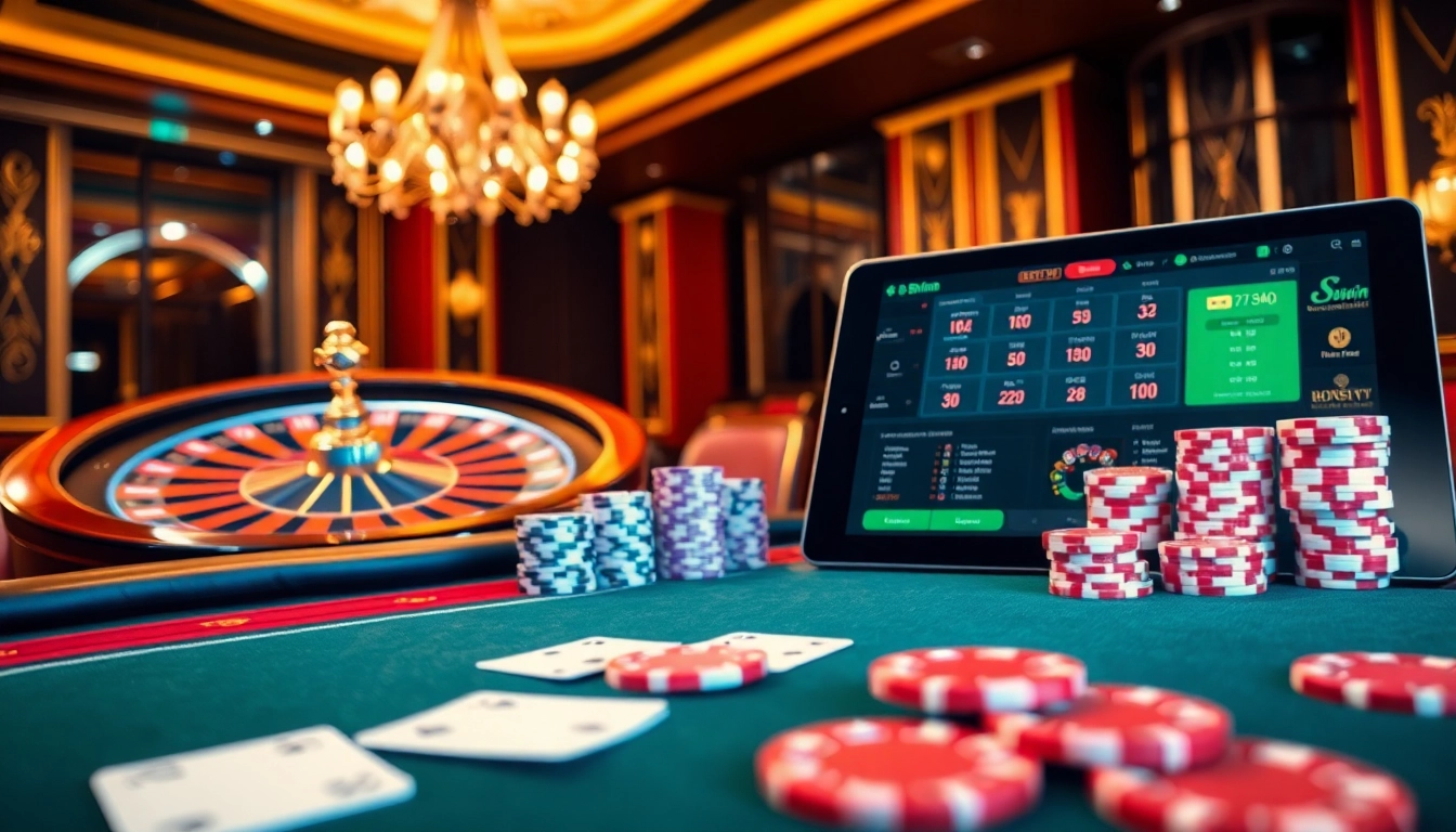 Engaging visual of Đăng ký 98win, featuring a luxurious poker table and vibrant roulette wheel.