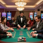 Players engaged at a vibrant blackjack table while enjoying link slot gacor action in an upscale casino.