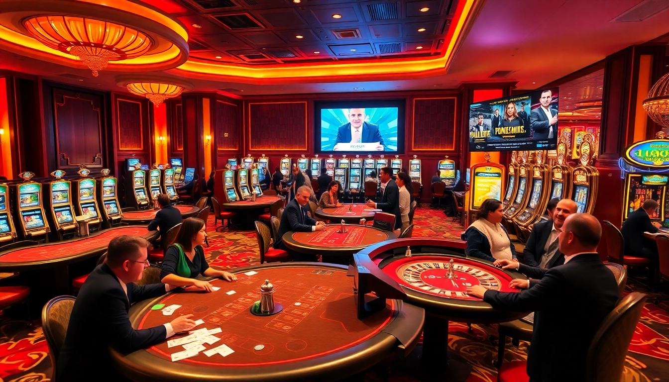 A vibrant casino scene showcasing players at blackjack tables enjoying newphim films in a luxurious setting.