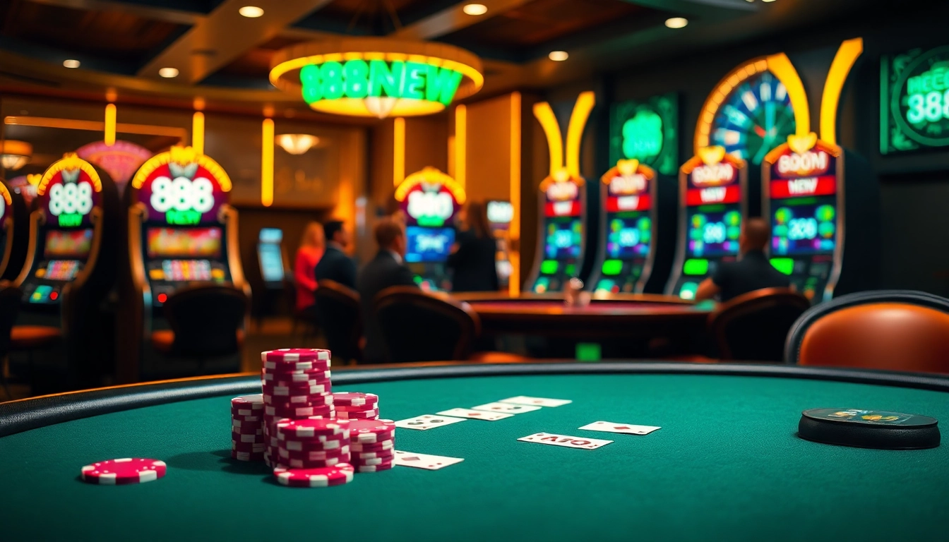 Experience the excitement of gambling at 888NEW with vibrant poker chips and slot machines.
