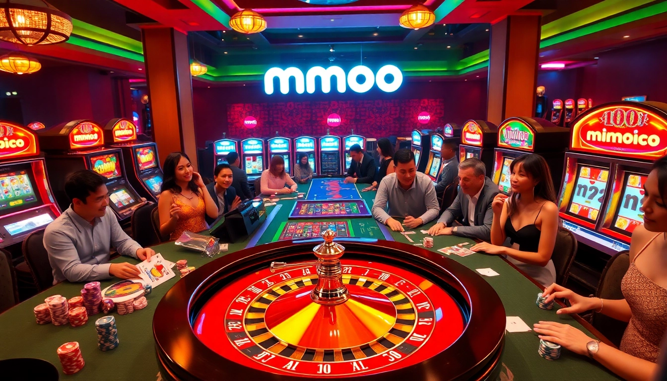 Players enjoying thrilling games at a luxurious casino featuring MMOO slot machines and roulette.
