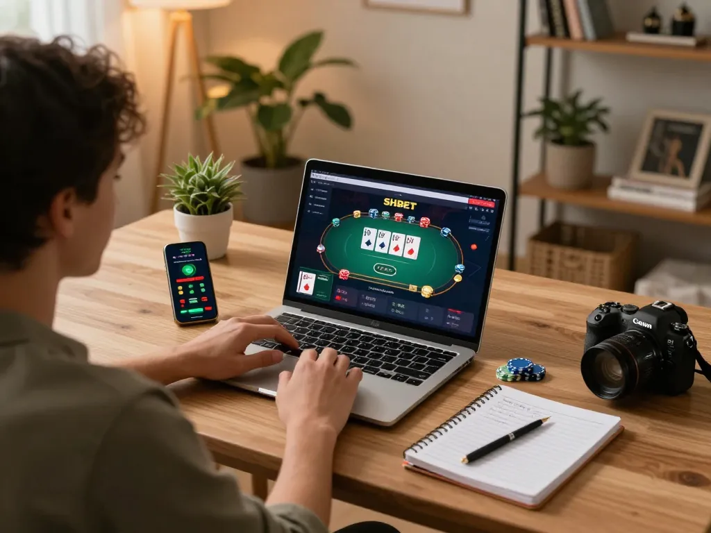 SHBET gamer placing strategic bets on poker from the comfort of home.