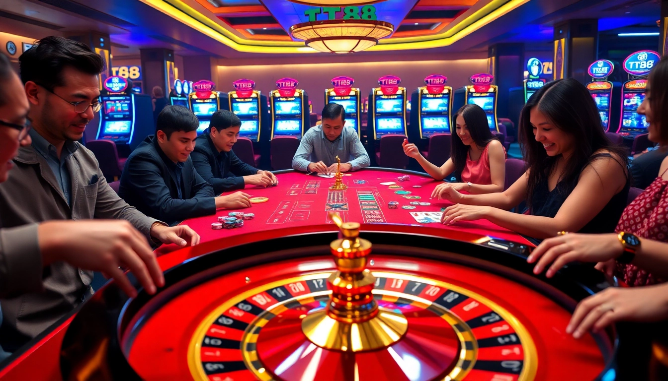 Experience the thrill of TT88 at a vibrant casino table with excited players and colorful chips.
