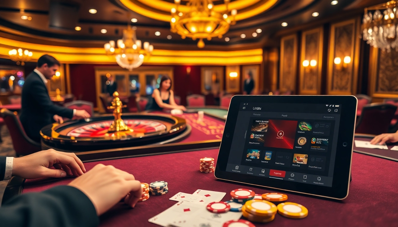 Players engaged in a thrilling poker game at UU88, showcasing vibrant chips and a roulette table.