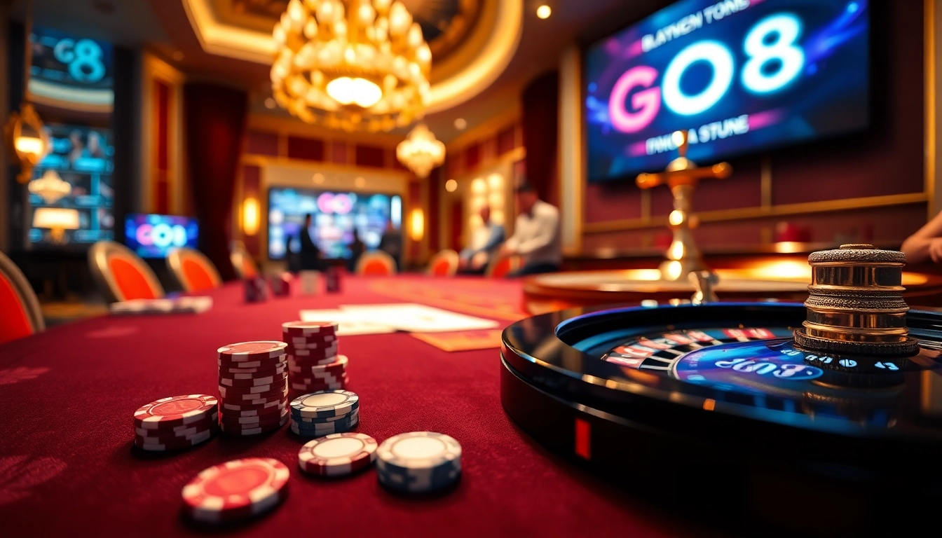 Go8 gamblers celebrating wins at an upscale casino table with poker chips and cards.