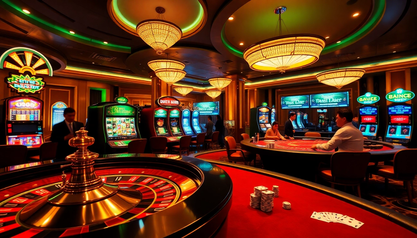Experience excitement at https://lc88app.com/ with players at a luxurious casino filled with card games and roulette.