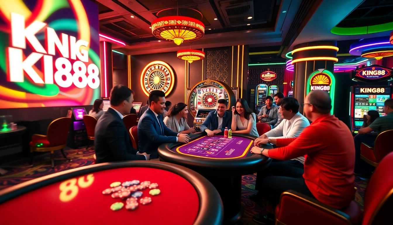 Betting action at King88 Casino with vibrant poker tables and eager players.