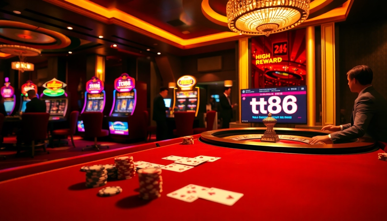 tt88 players enjoying a vibrant casino environment with poker games and roulette wheels.