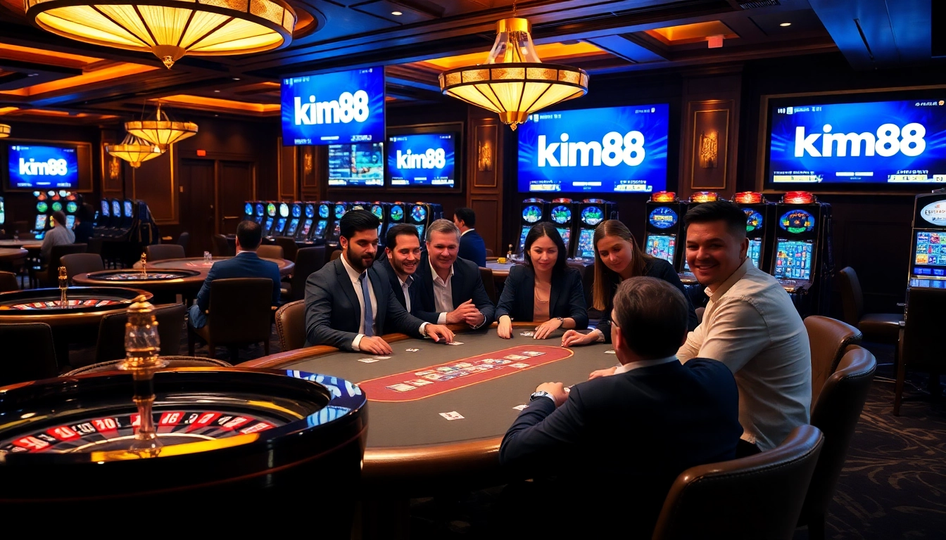 Experience thrill at km88's vibrant casino with players enjoying roulette and poker in elegance.