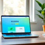 在笔记本电脑上展示的快连官网界面，旁边放着智能手机和一杯咖啡，呈现现代科技场景。