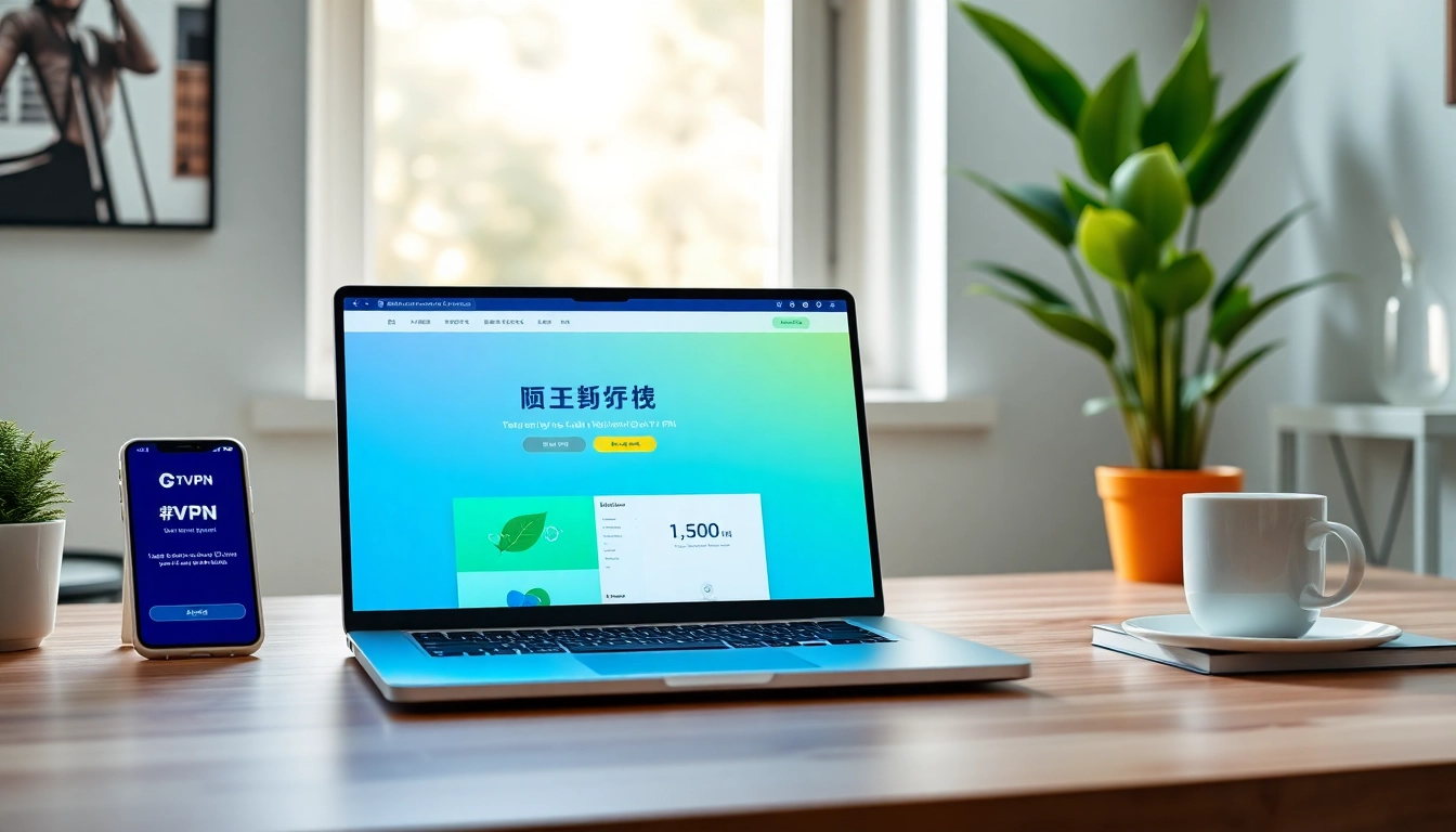 在笔记本电脑上展示的快连官网界面，旁边放着智能手机和一杯咖啡，呈现现代科技场景。