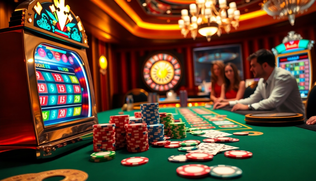 Experience excitement with gaming at https://98win9.bid/ featuring vibrant casino elements, poker chips, and players