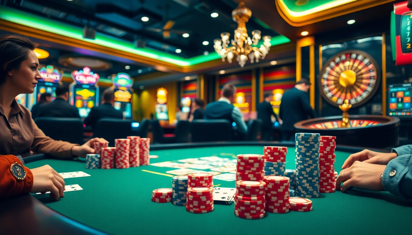 Engaging kèo nhà cái scene with poker table, vibrant chips, and thrilling gambling atmosphere.