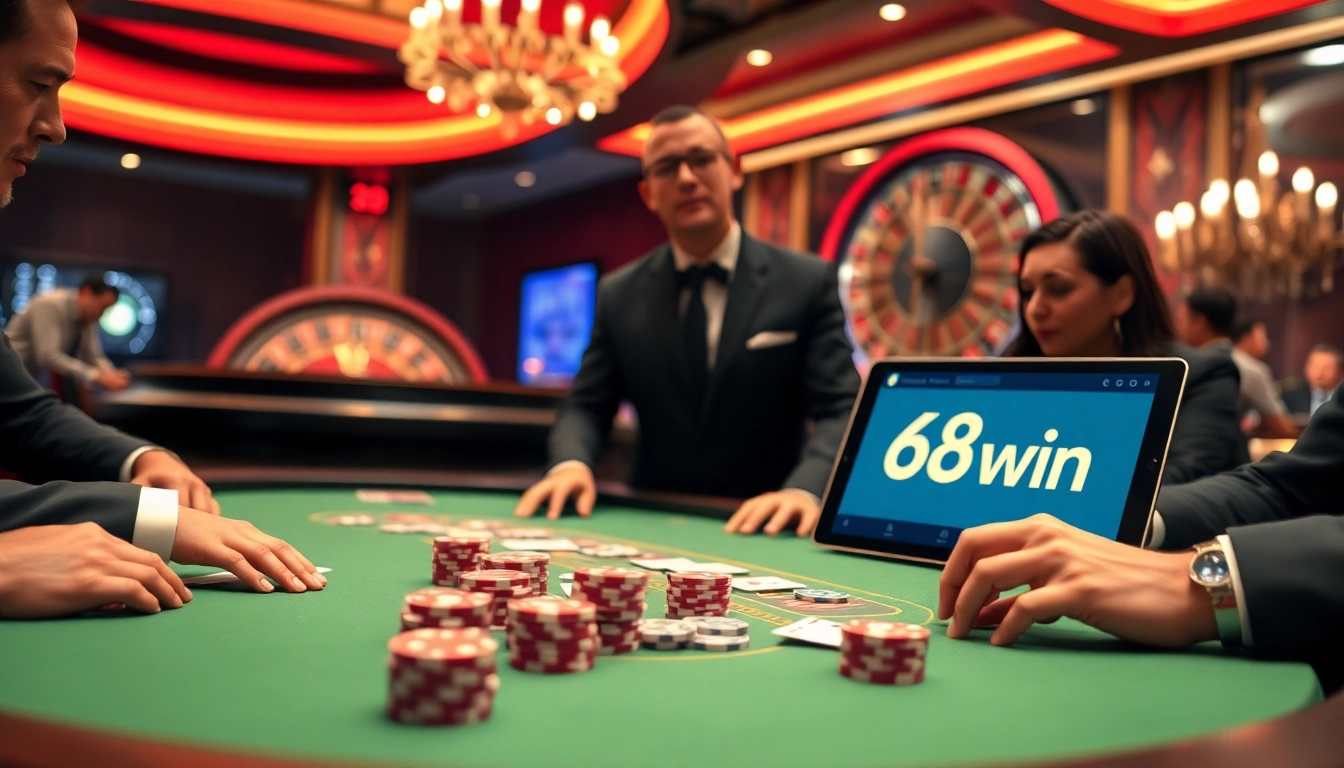 A thrilling poker game at a casino showcasing 68win branding on a tablet, highlighting strategy and excitement.