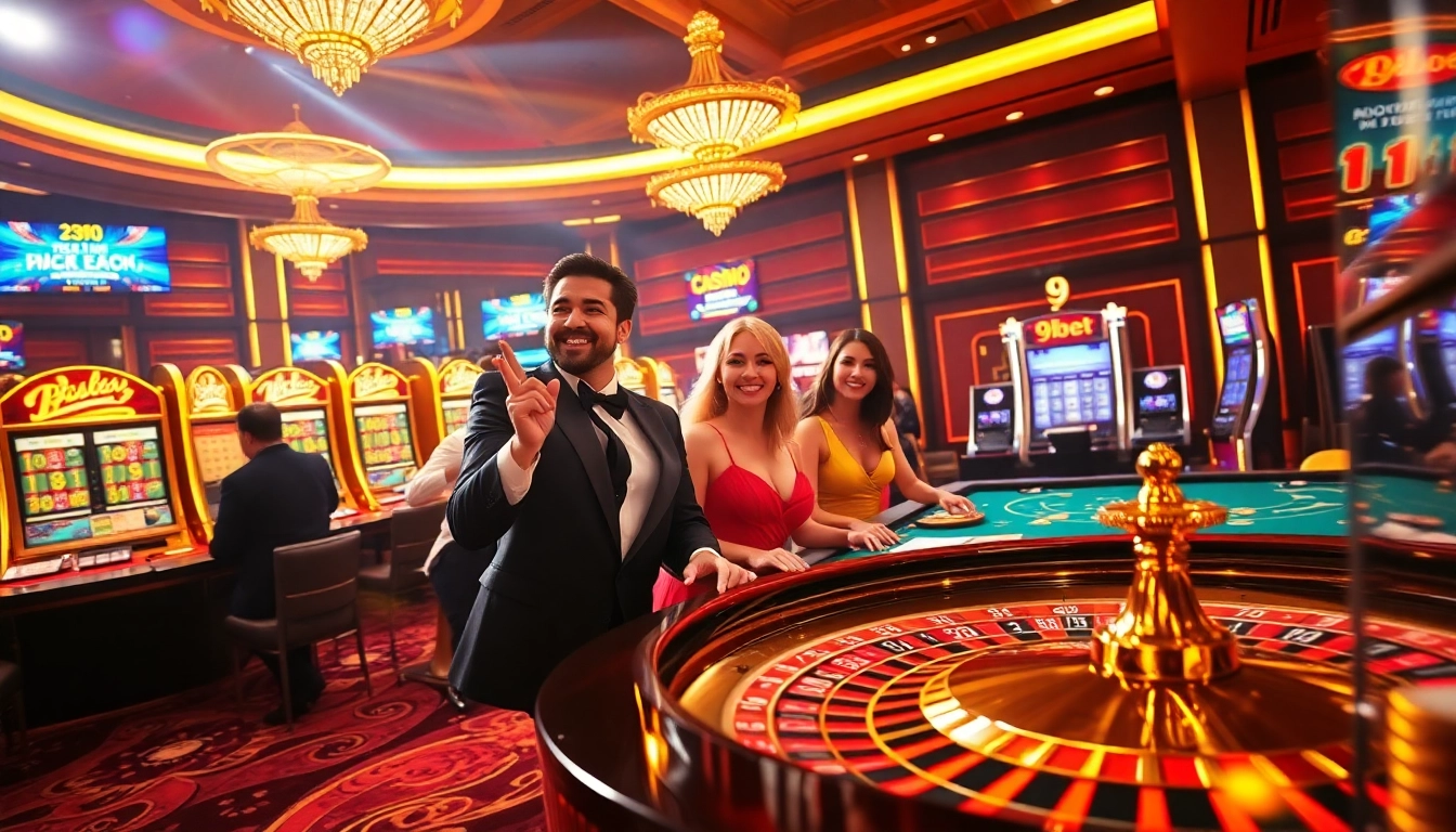 Exciting gambling scene at 9bet with poker chips and roulette, exuding luxury and thrill.
