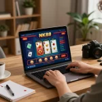 Enjoying NK88 gaming on a laptop in a cozy home setting with strategic notes