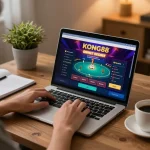 KONG88 user engaging with online poker interface on laptop, surrounded by strategy notes.