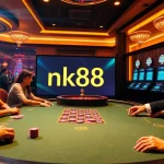 Players strategizing at a poker table with nk88 elements, surrounded by vibrant casino visuals.