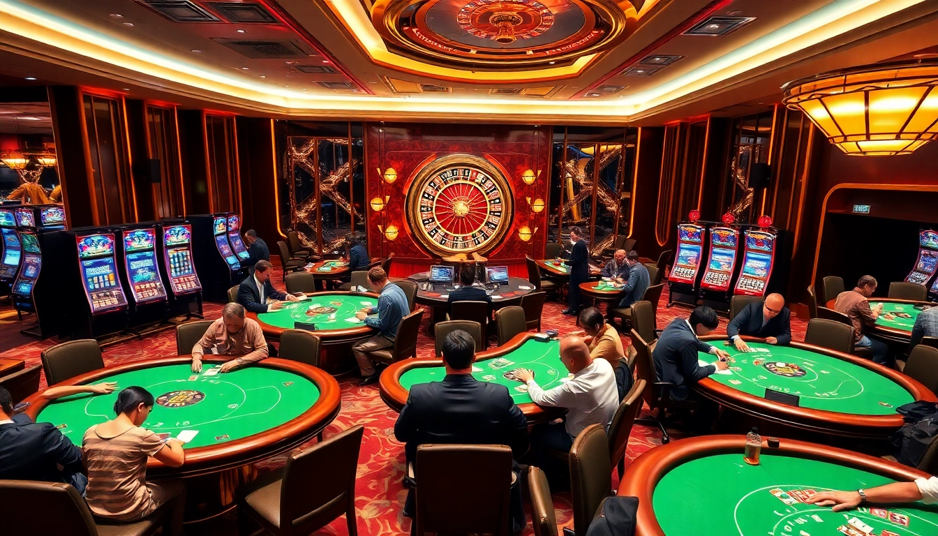 Experience the thrill of gambling with Truyên ma hay in an elegant casino atmosphere, featuring vibrant tables and slot machines.