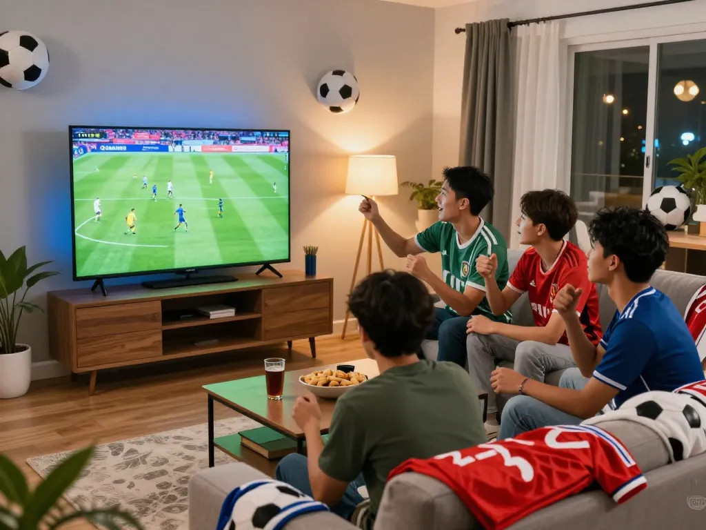 Friends enjoying football match on Okwintv in vibrant living room.