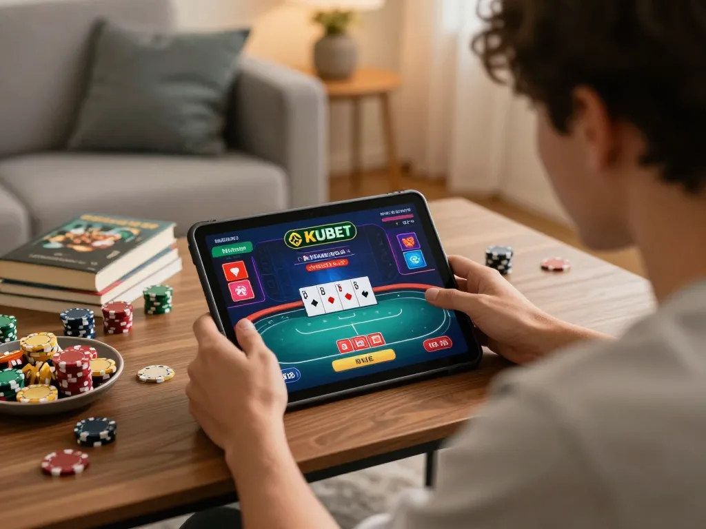 KUBET player strategizing during an online poker game on a tablet in a cozy home setting.