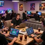 Friends enjoying a fun gaming experience on the rikbet platform in a lively digital casino.