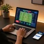 Betting on live sports using 789F app on a laptop, showcasing modern gaming setup.
