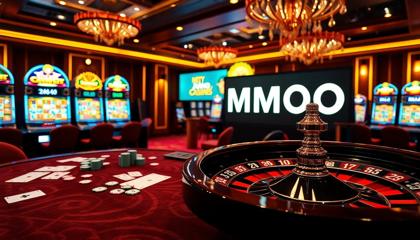 Engaging casino atmosphere at MMOO with poker chips and a roulette wheel.