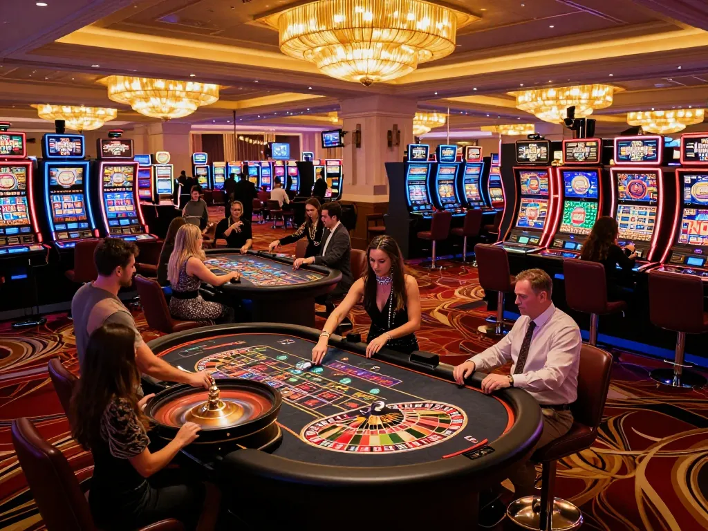 CM88 players placing bets at roulette tables in a vibrant Las Vegas casino.