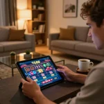 Player engaged in online gambling at TG88, focusing on tablet with colorful game interface.