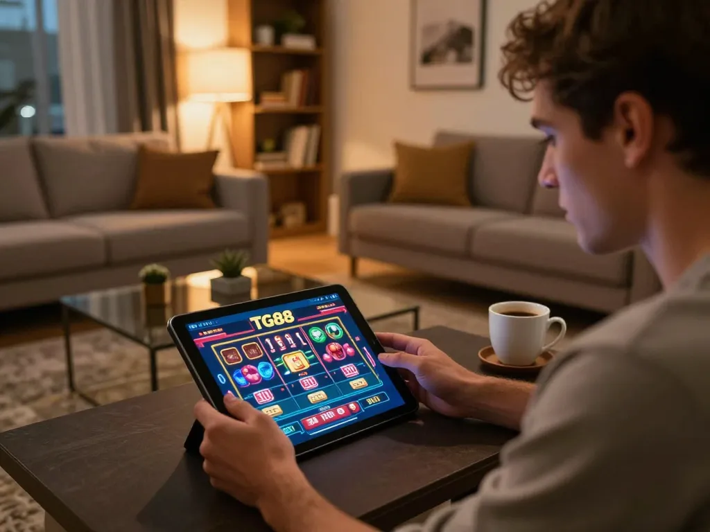 Player engaged in online gambling at TG88, focusing on tablet with colorful game interface.