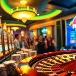 Experience the thrill of nk88 with vibrant slot machines and poker chips in a lively casino setting.