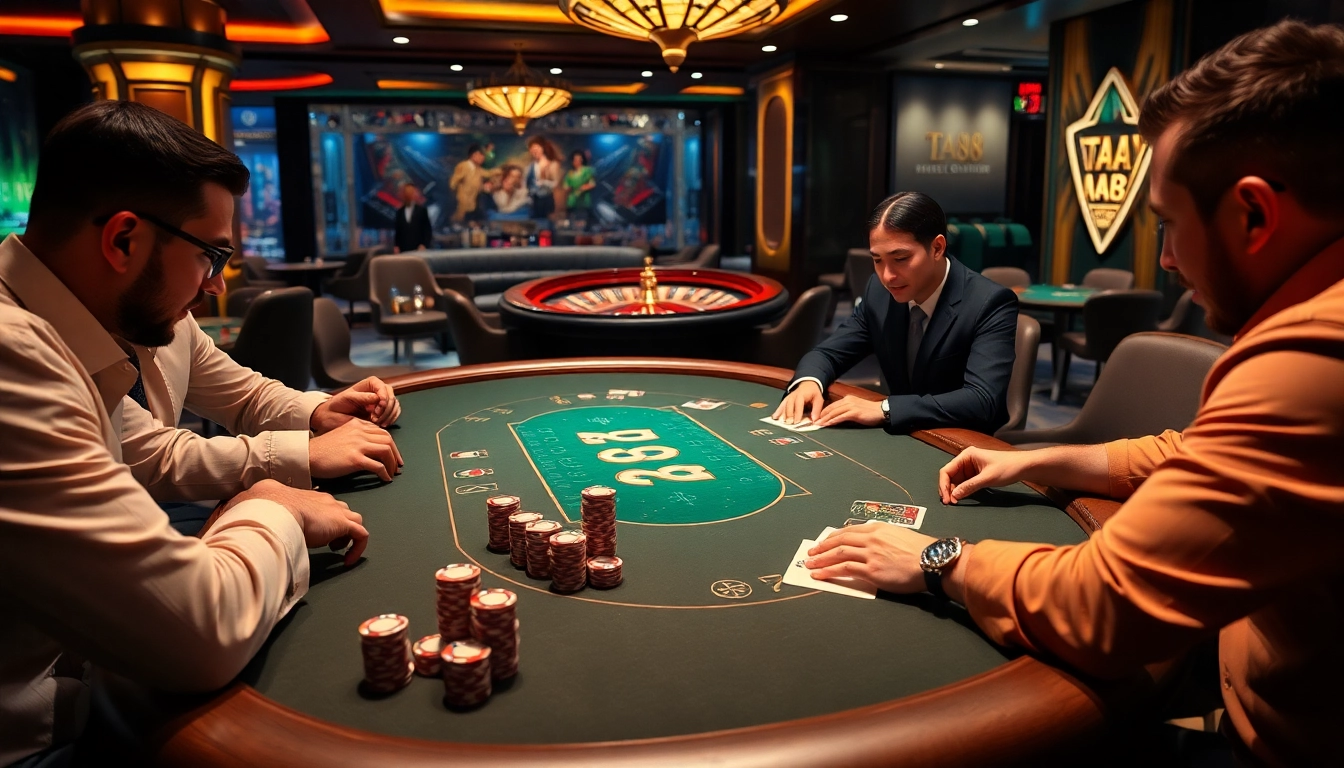 TA88 casino scene showcasing high-stakes poker action with vibrant gaming elements.