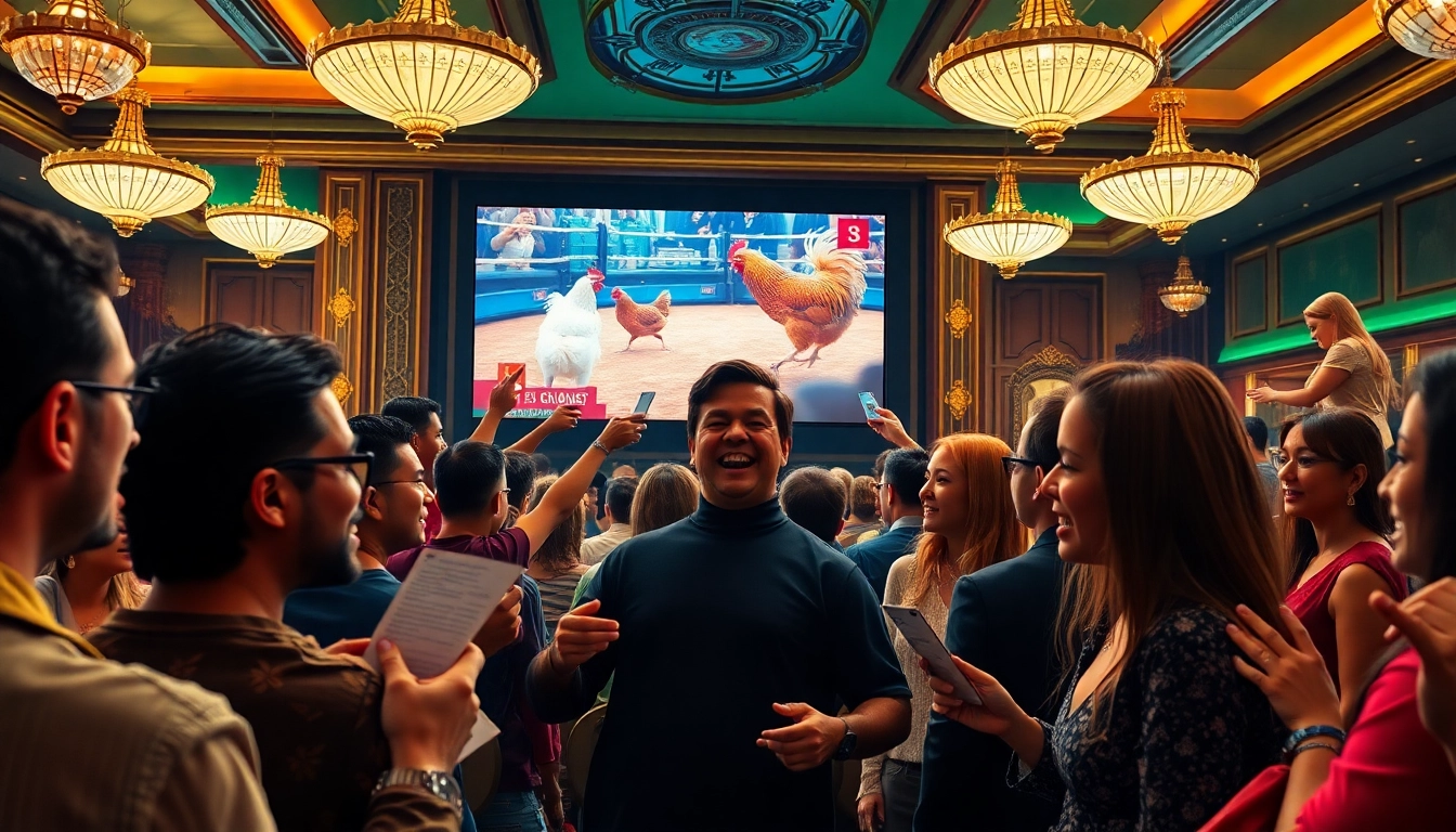 Witness stunning đá gà trực tiếp action from a luxurious casino environment, where excitement meets betting.