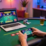 Player enjoying SHBET mobile casino gaming on smartphone with vibrant atmosphere