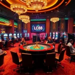 Experience the excitement at LC88 casino with players enjoying slot machines and blackjack tables.
