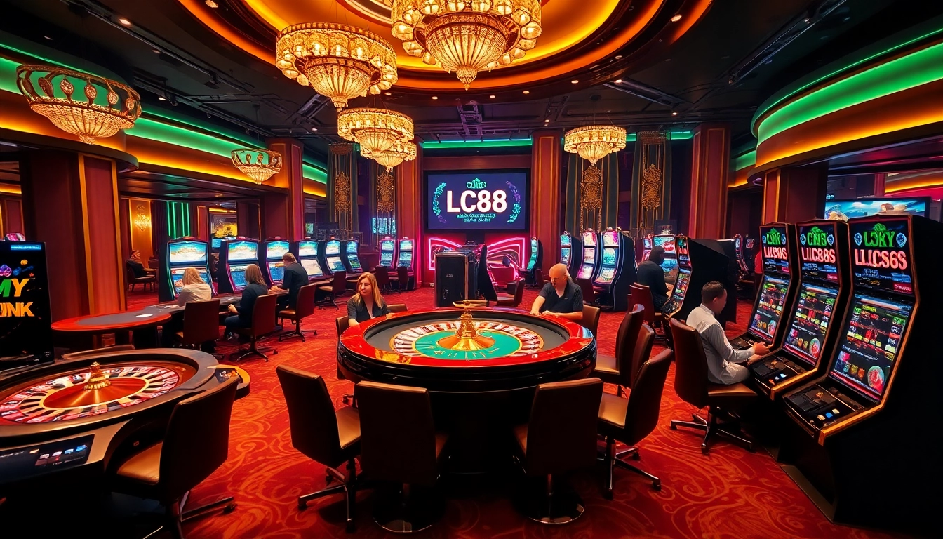 Experience the excitement at LC88 casino with players enjoying slot machines and blackjack tables.